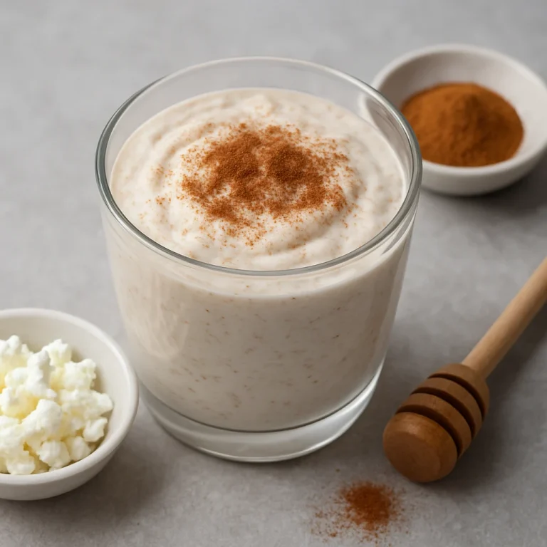 Probiotikus túrós fahéjas joghurt pohárban tálalva, fahéjjal megszórva