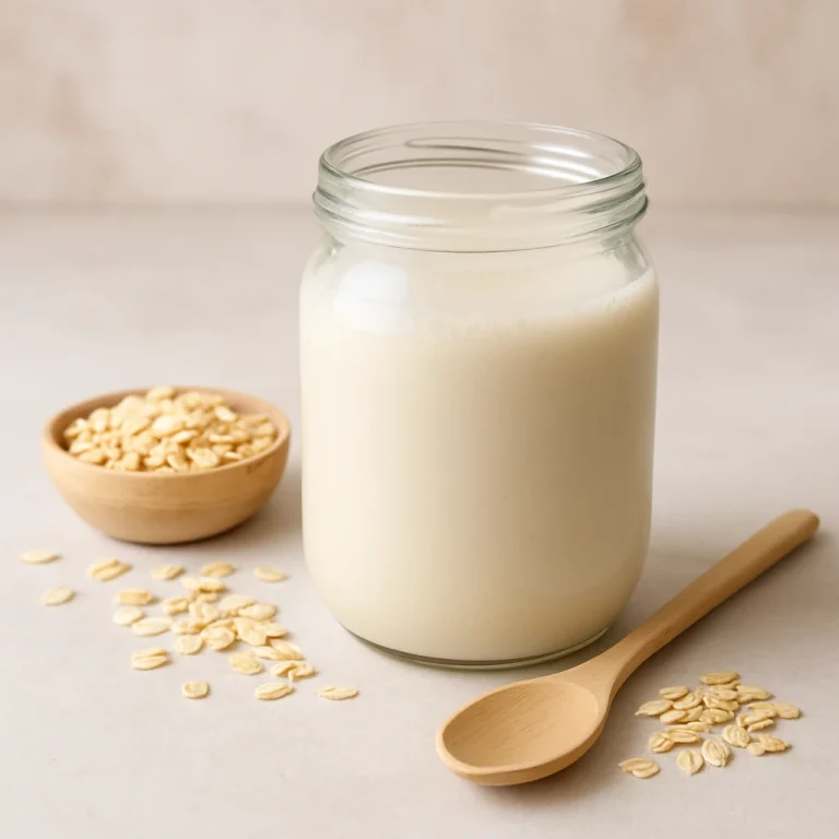 Probiotikus zabkefir üvegben, selymes növényi ital tálalva