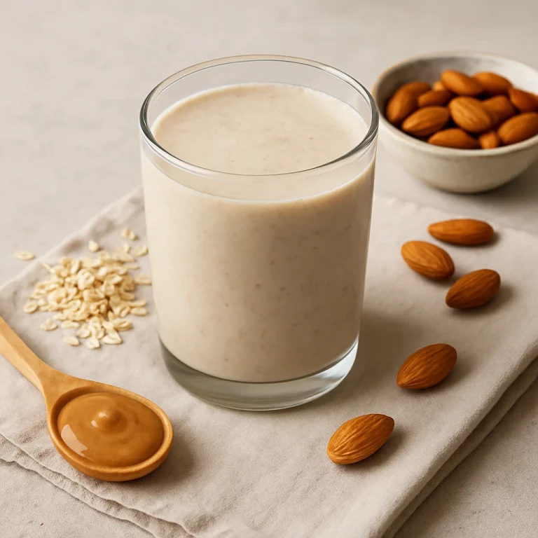 Probiotikus zabkefir mandulával ízesítve, világos krémes színű ital pohárban