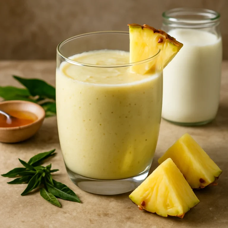 Probiotikus zöld tea-ananász kefir frissítő ital pohárban tálalva