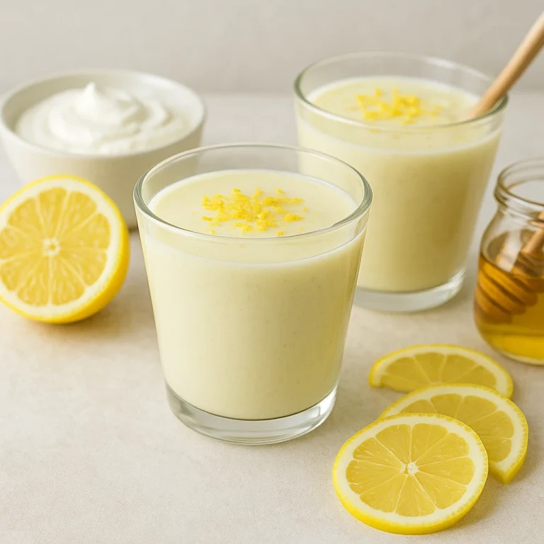 Zöld tea-citrom joghurt ital poharakban tálalva, világos krémes ital, tetején citromhéjjal