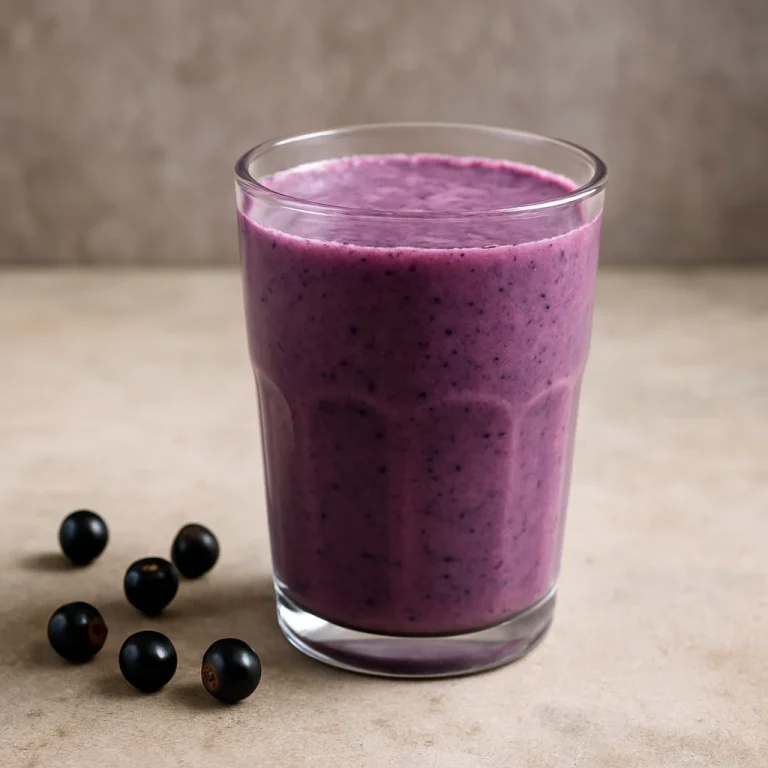 Zöld tea-feketeribizli kefir pohárban tálalva, friss gyümölcs nélkül