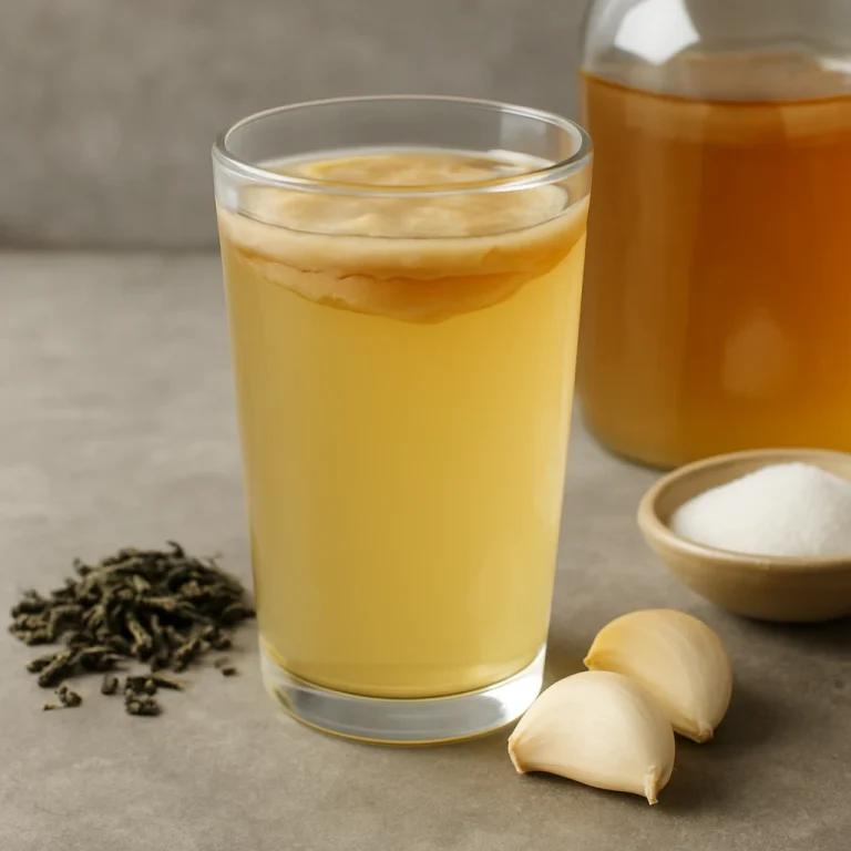 Zöld tea-fokhagymás kombucha ital átlátszó pohárban, halvány sárgás színű fermentált tea