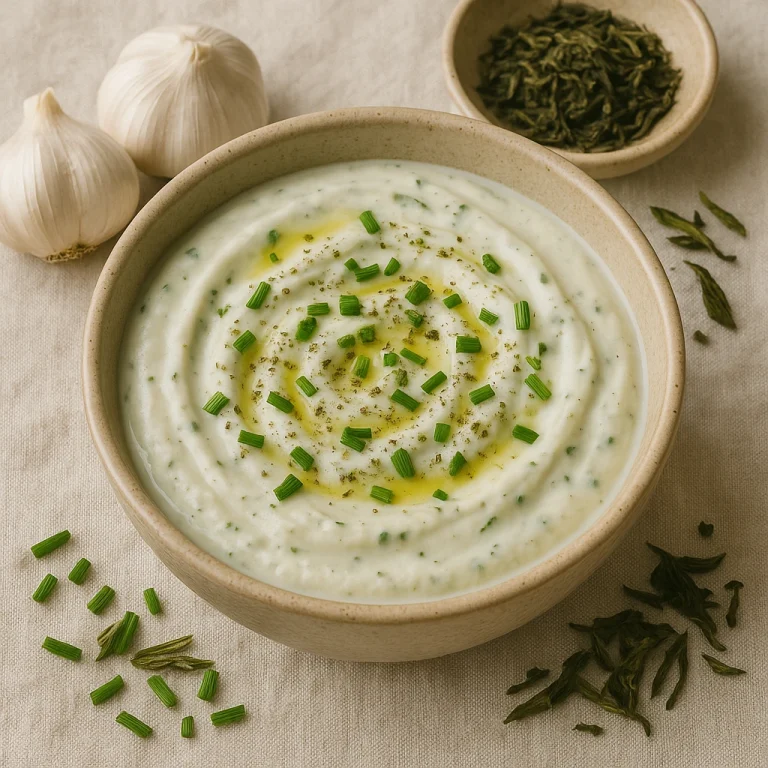 Krémes joghurt zöld teával, fokhagymával és snidlinggel, olívaolajjal meglocsolva