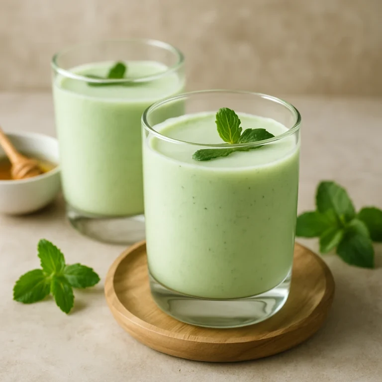 Zöld tea-mentás kefir poharakban tálalva, halványzöld árnyalatú ital formájában