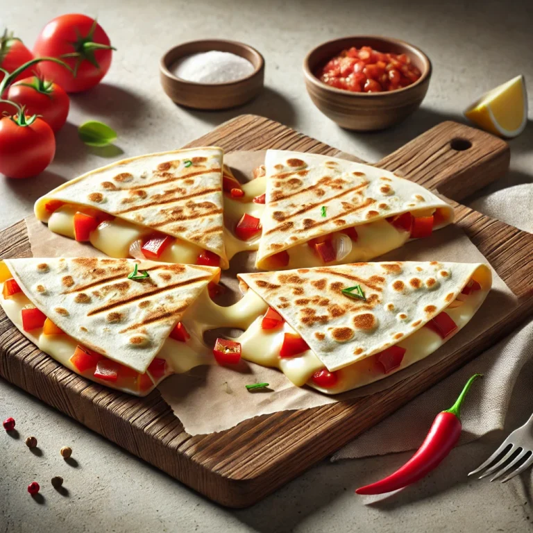 Sajttal és zöldségekkel töltött quesadilla szeletek tálalva