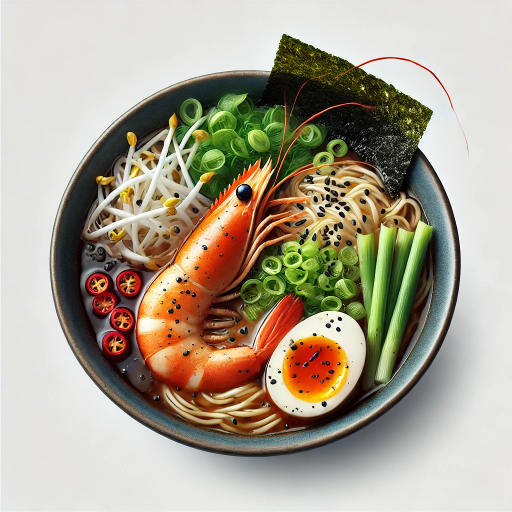 Sült garnélával tálalt gazdag ramen leves
