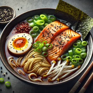 Sült lazaccal tálalt gazdag ramen leves
