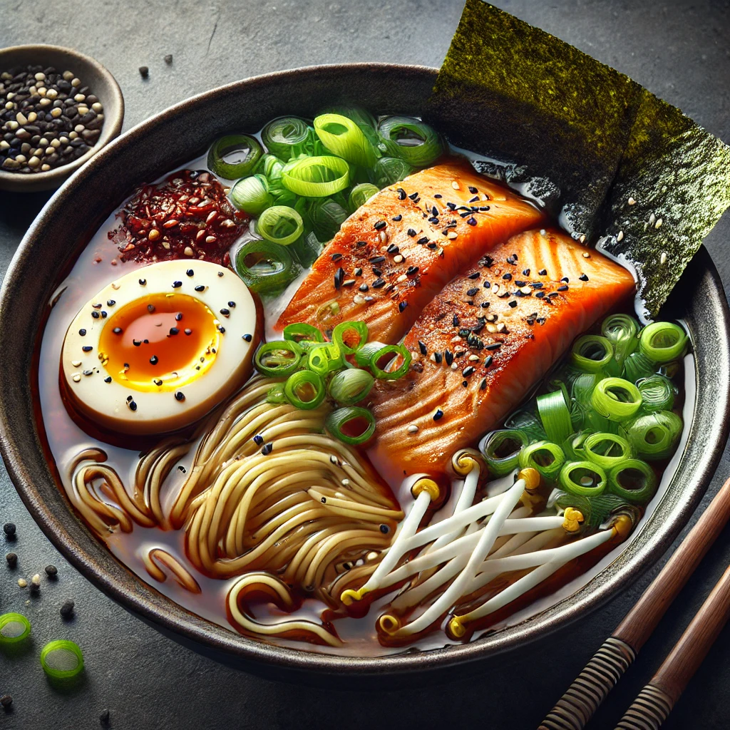 Sült lazaccal tálalt gazdag ramen leves