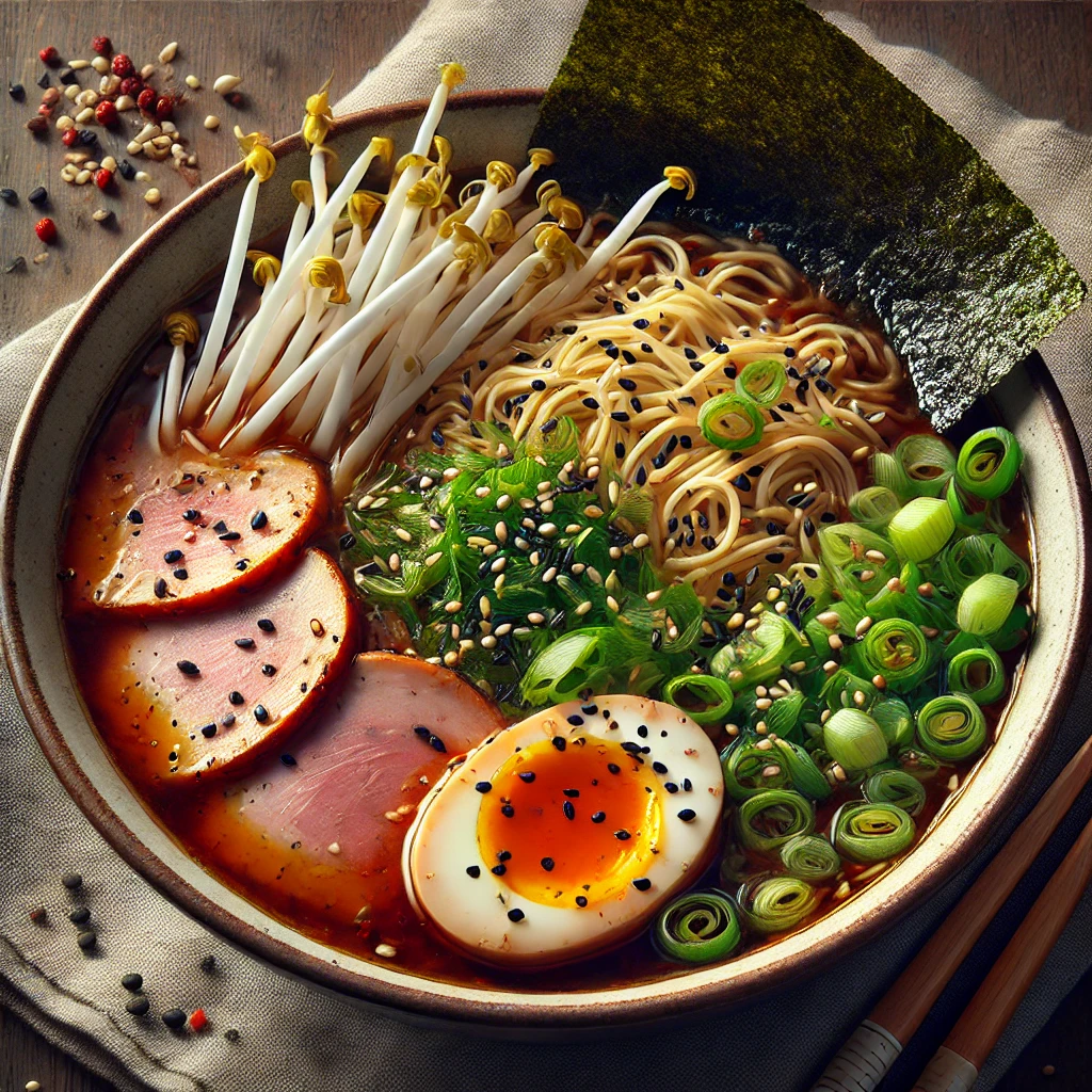 Sült sonkával tálalt gazdag ramen leves