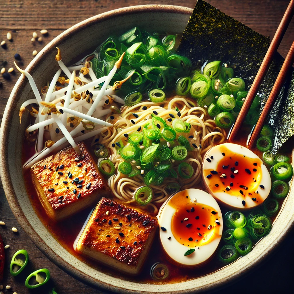 Sült tofuból tálalt gazdag ramen leves