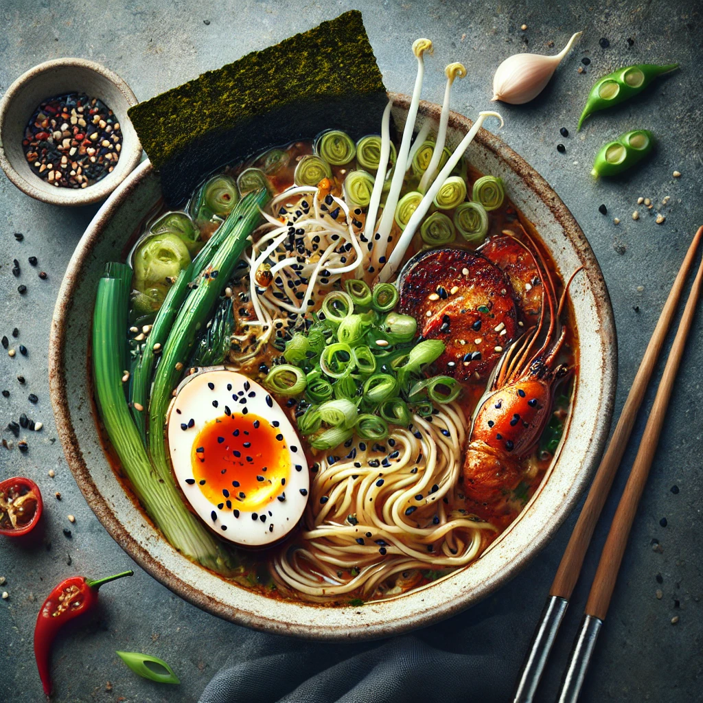 Sült zöldségekkel tálalt gazdag ramen leves