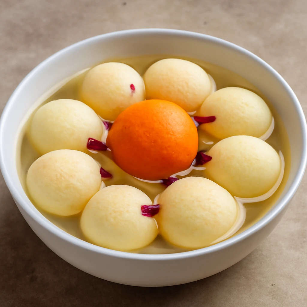 Finom indiai Rasgulla kamalabhoggal, rózsavizes sziruppal tálalva