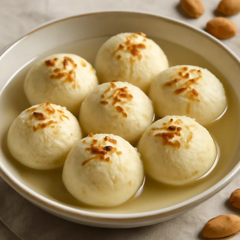 Rasgulla mandulával díszítve, tálalva egy elegáns tányéron.
