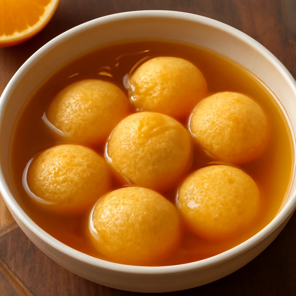 Finom narancsos Rasgulla, cukros szirupban tálalva