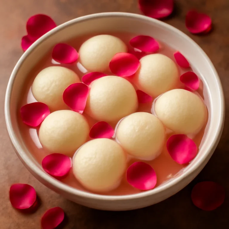 Rózsavizes Rasgulla, rózsavizes szirupban úszó túrós golyókkal