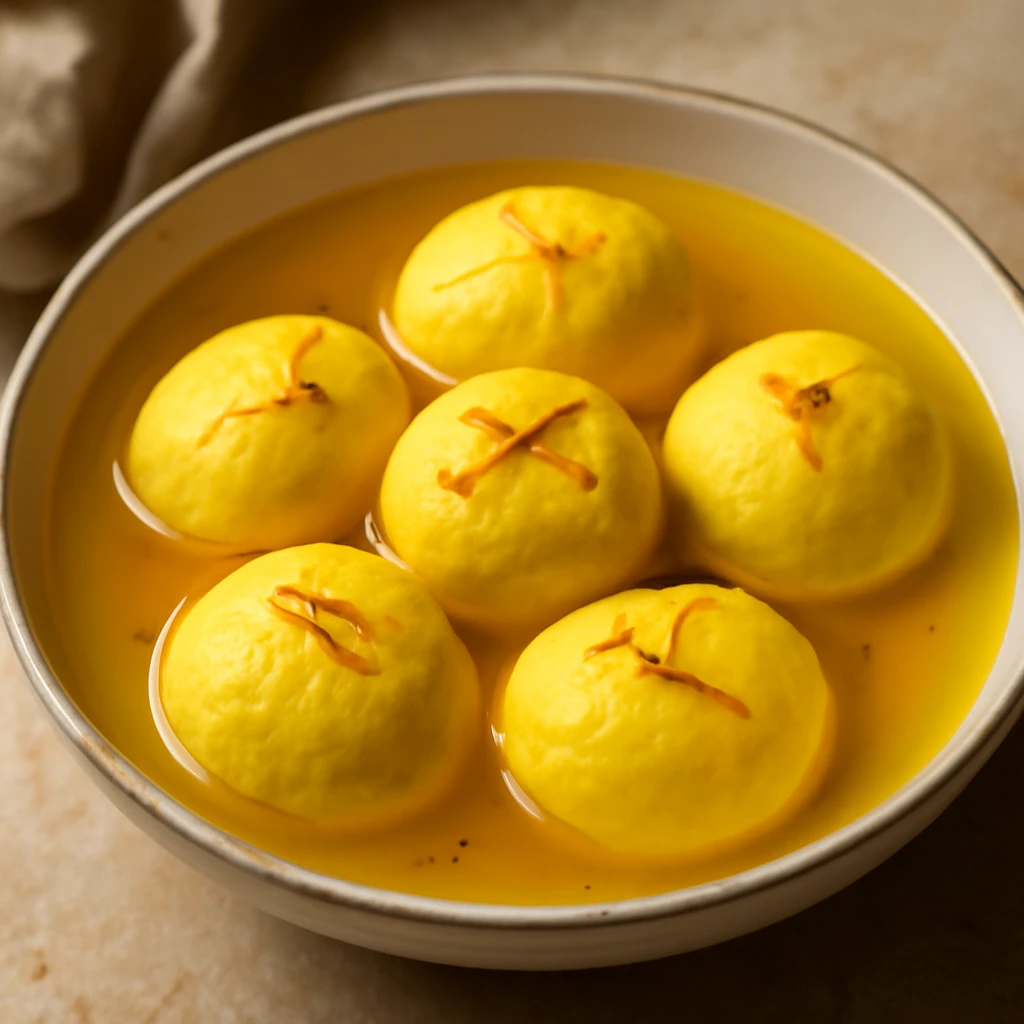 Finom sáfrányos Rasgulla, cukros szirupban tálalva