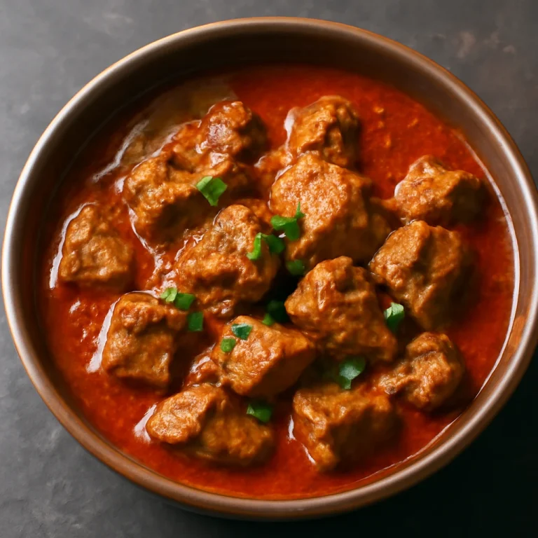 Rogan Josh kecskehússal, fűszeres szószban tálalva