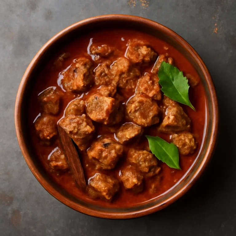 Rogan Josh marhahússal, fűszeres szószban tálalva