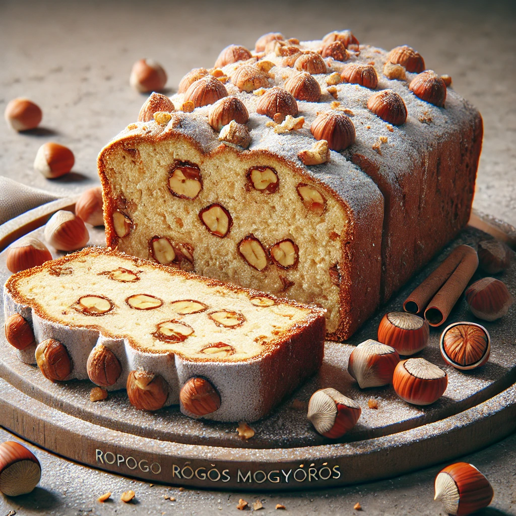Porcukorral szórt stollen szeletek pirított mogyoróval töltve