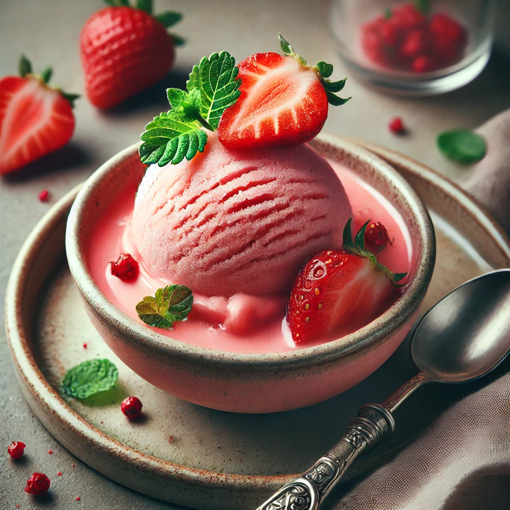 Friss és ínycsiklandó rózsavizes eper sorbet nyári édességhez