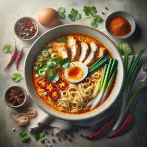 Fűszeres laksa, tészta és csirke, ropogós zöldségekkel tálalva
