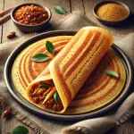 Schezwan dosa frissen, ropogósra sütve, Schezwan töltelékkel tálalva