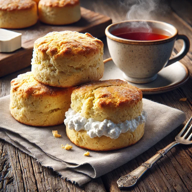 Scone túróval, friss teával tálalva, puha és aranybarna