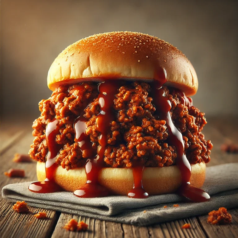 BBQ szósszal készült Sloppy Joe szendvics, gazdagon elhelyezett darálthúsos töltelékkel