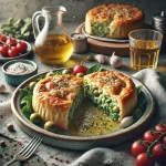 Spanakopita tésztával, aranybarna, ropogós tésztával és gazdag spenótos töltelékkel