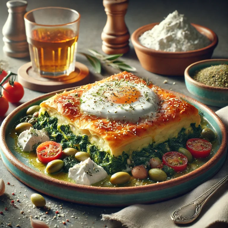 Spanakopita zöldfűszerekkel, aranybarna, ropogós tésztával és gazdag spenótos töltelékkel