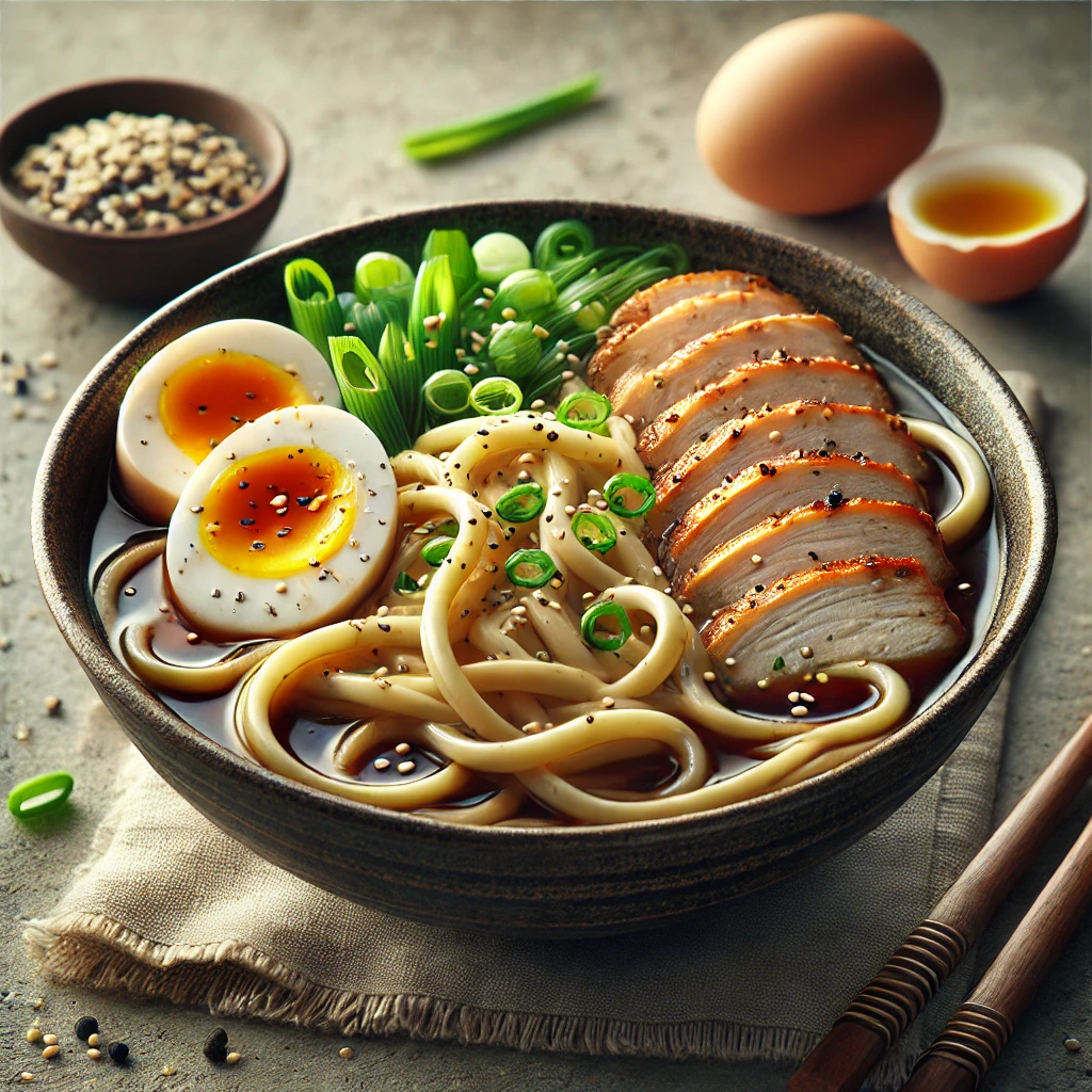 Gazdag udon leves pirított csirkehússal és tojással
