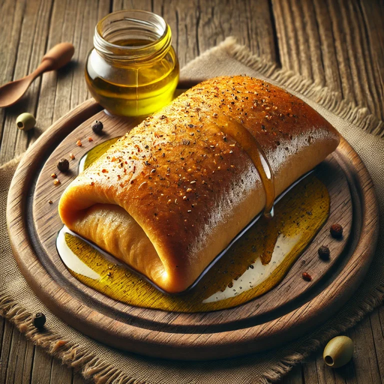 Stromboli fűszeres olívaolajjal tálalva, gazdag fűszeres olívaolajjal, kívül ropogós és belül puha.