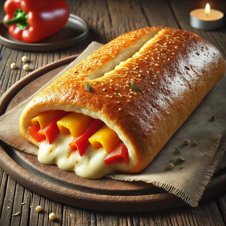 Stromboli paprikával tálalva, gazdag paprikával és olvadt mozzarellával a tetején, kívül ropogós és belül puha.