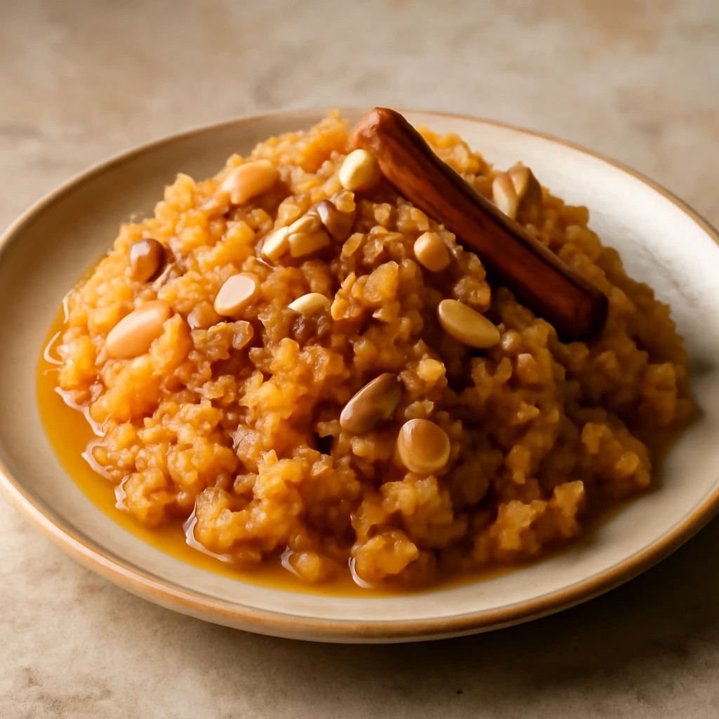 Indiai édesség Suji ka Halwa készítése pörkölt dióval és rózsavízzel