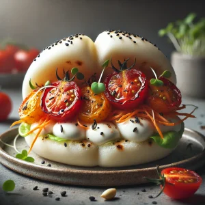 Sült paradicsom és olvadt mozzarella friss zöldségekkel gőzölt bao tésztában