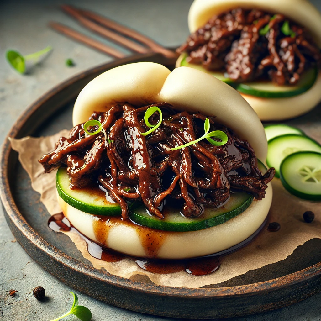 Puha bao tészta gazdag szójaszószos marhahússal, friss zöldségekkel