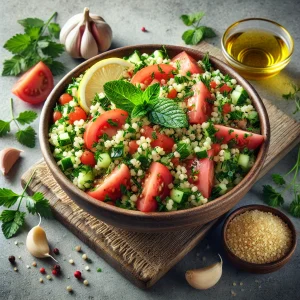 Friss és tápláló Tabbouleh saláta fokhagymás ízesítéssel