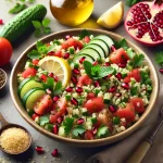 Tabbouleh gránátalmával friss zöldségekkel és bulgurral tálalva