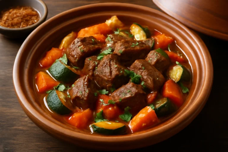 Klasszikus tagine marhahússal, gazdag zöldségekkel tálalva, fűszeres öntettel