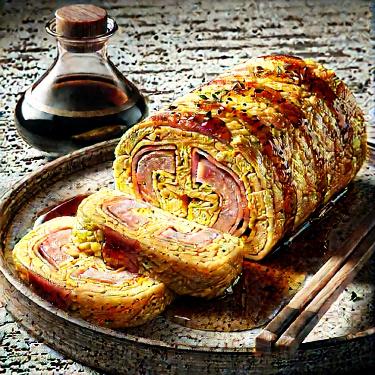 Tamagoyaki sonkával, szójaszósszal és mirinnel tálalva