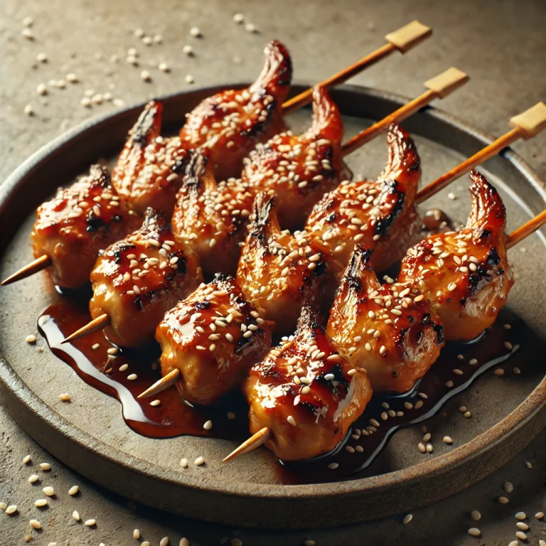 Tebasaki yakitori csirke szárny pálcikán, szezámmaggal és friss zöldhagymával tálalva