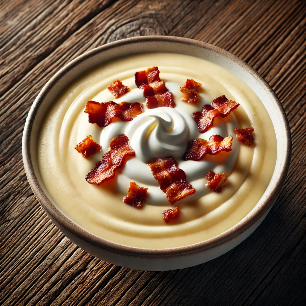 Selymes burgonyakrémleves ropogós baconnel és tejszínnel tálalva