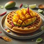 Thai chilis-mangós gofri mangószeletekkel és lime héjjal díszítve