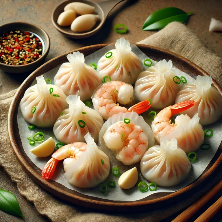 Thai garnélás dumpling áttetsző, párolt tésztával tálalva