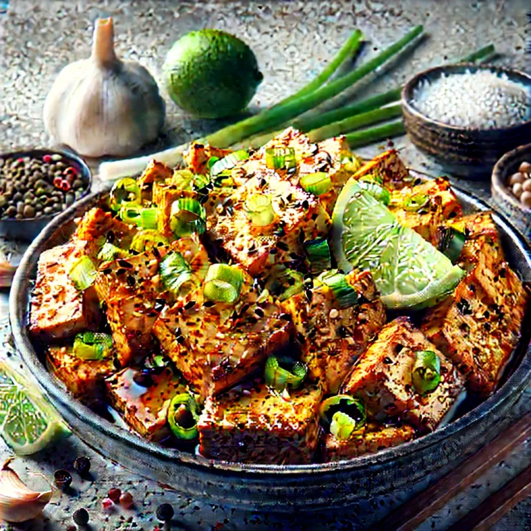 Tofu Bulgogi tálalva, tofut lime-mal és póréhagymával