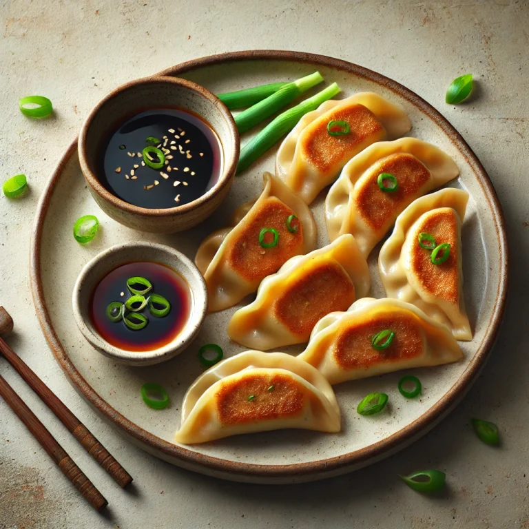 Tofu Gyoza tálalva tofu töltelékkel és szójaszószos mártogatóval