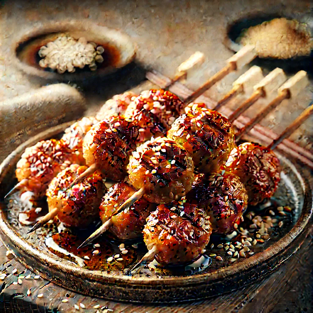Grillezett csirkehúsgombócok pálcikán, szezámmaggal