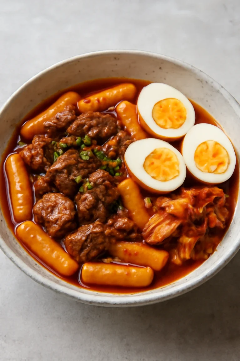 Tteokbokki galbival, koreai rizsgombóc fűszeres szósszal, tojással és kimchivel