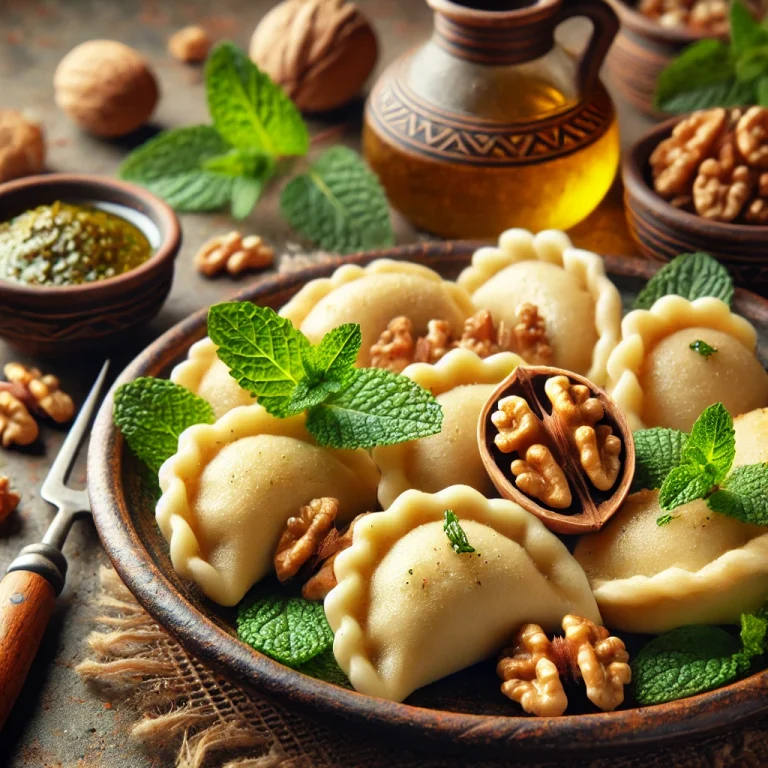 Tunéziai mentás-diós dumpling tálalva